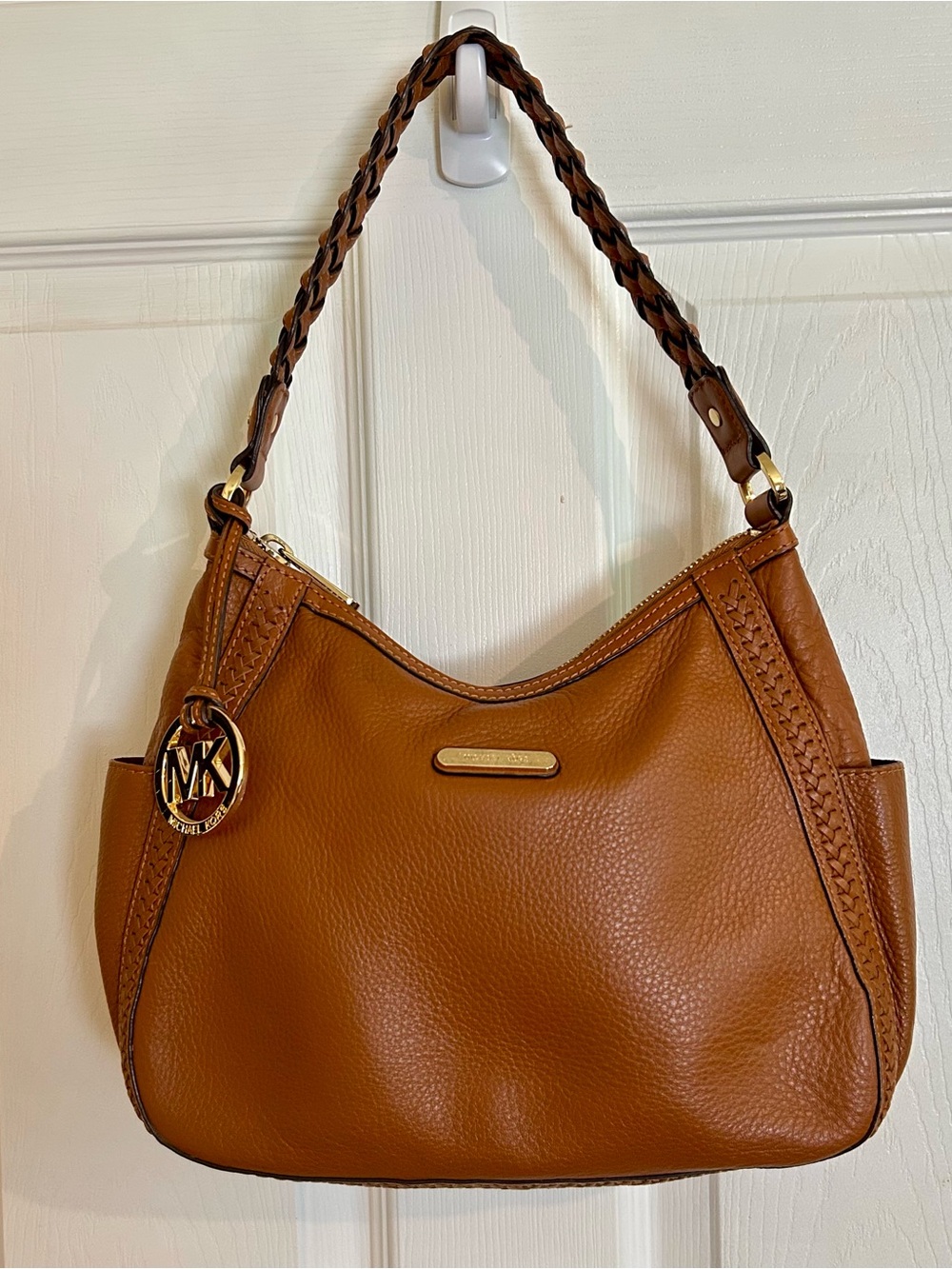 Michael Kors Cognac Pebbled Leather Braided-Handle Hobo Shoulder Bag